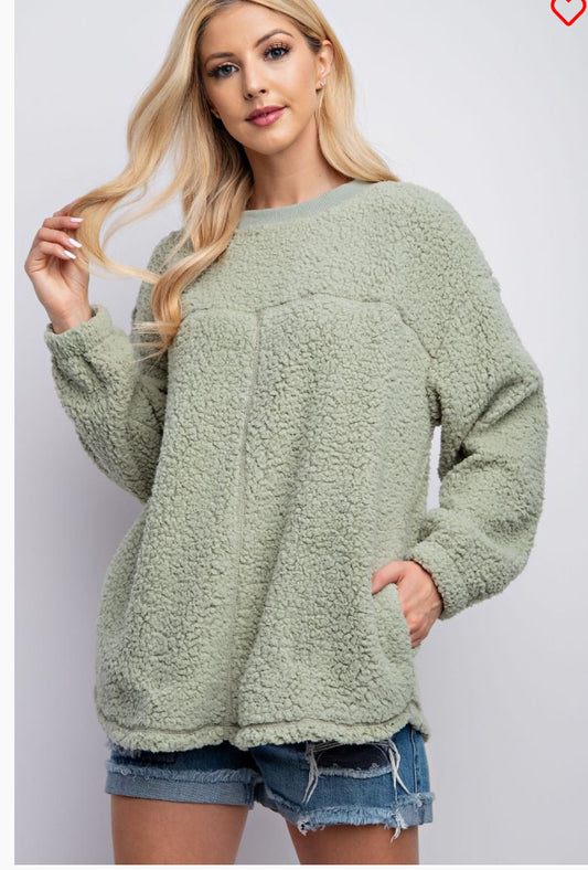 Easel Sage Green Sherpa Pullover Sweater